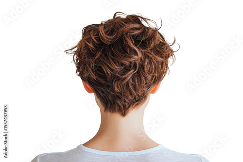 Young Female with Curly Hair from Back, Showcasing Natural Texture and Style, Casual White Shirt, Headshot Perspective, Focus on Hairstyle and Hair Color