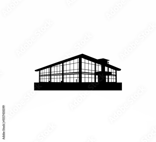 A contemporary airport terminal with large glass walls on white background