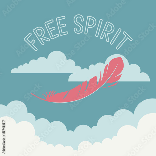 A single pink feather floats gently through a cloudy sky with the words free spirit written above in a soft pink outline