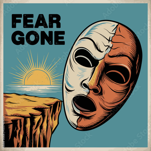 Overcoming fear a mask falls revealing a sunrise over a cliff edge symbolizing a new beginning and freedom from anxiety