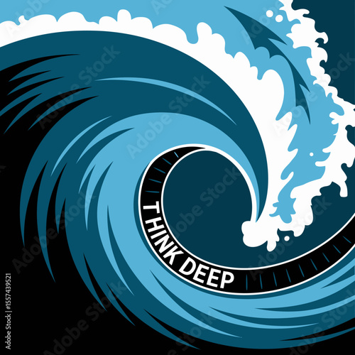 Stylized blue wave cresting with white foam and the phrase think deep inside a circular frame against a dark background