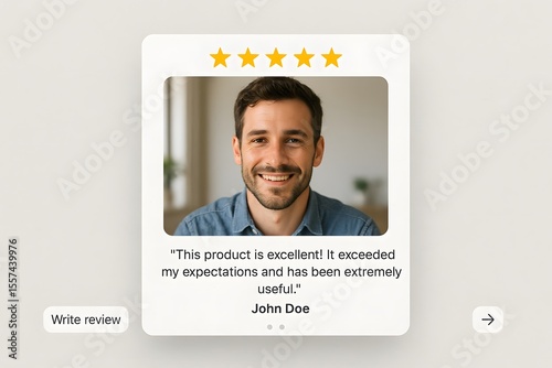 A testimonial showcases a satisfied customer, accompanied by a five-star rating, the man shares his experience. The image represents a positive endorsement and customer satisfaction.