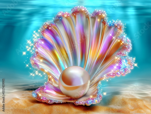 Iridescent Pearl in Scallop Shell Underwater – Dreamy 3D Render
