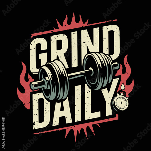 Motivational fitness graphic with the words grind daily featuring a barbell flames and a stopwatch perfect for gym decor and workout apparel