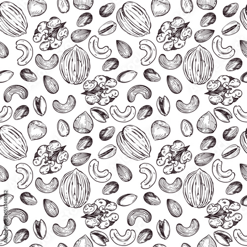 Seamless vector pattern. Nuts, walnuts, hazelnuts, cashews, almonds, and pistachios, all objects are hand-drawn in vector. For printing on fabric, paper, for food packaging design.