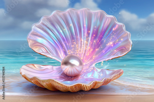 Iridescent Pearl in Scallop Shell Underwater – Dreamy 3D Render
