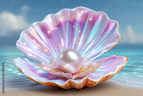 Iridescent Pearl in Scallop Shell Underwater – Dreamy 3D Render
