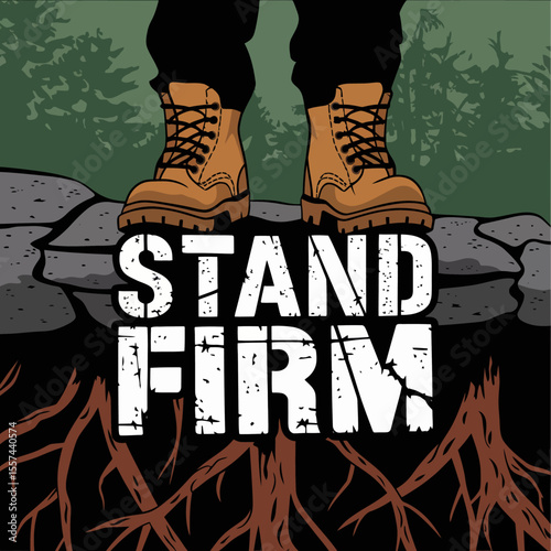 A person wearing sturdy brown hiking boots stands firmly on rocky ground with visible tree roots below conveying a message of resilience and strength