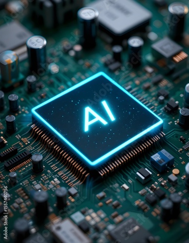 A glowing AI chip on a circuit board, symbolizing artificial intelligence and advanced technology in a futuristic setting.

