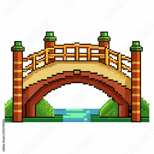 Pixel Art Bridge Over Stream with Verdant Scenery