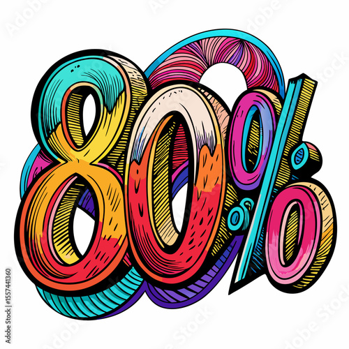 Colorful 80% Sign in Vibrant, Artistic, Hand Drawn Style for Promotions