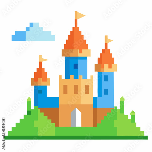 Colorful Pixel Art Castle with Orange Turrets on Green Landscape