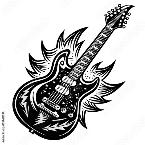 Stylized Electric Guitar with Musical Flames and Star Patterns