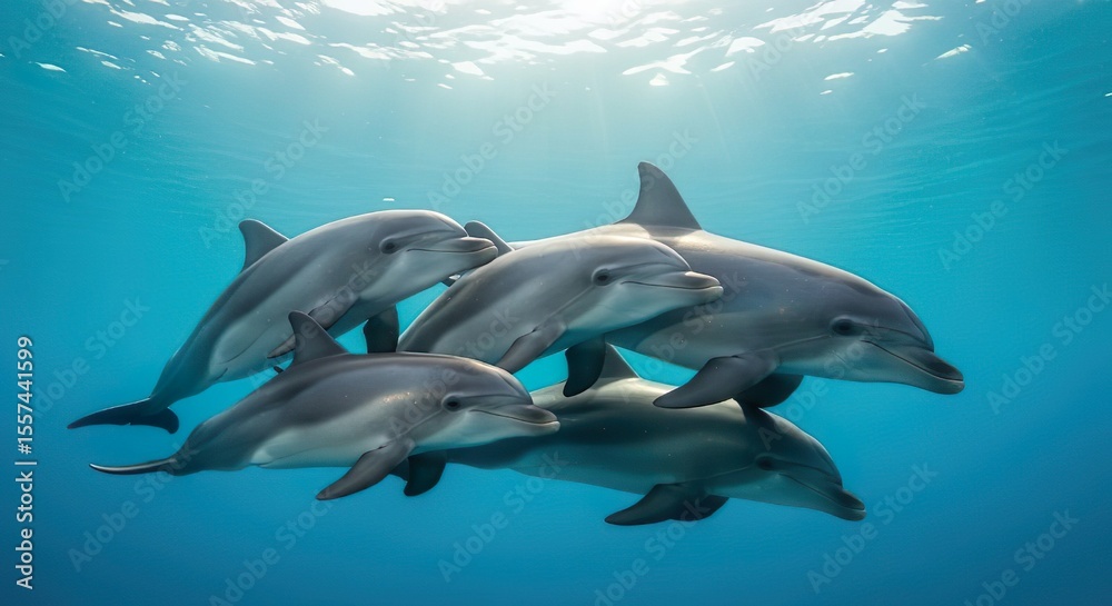 Obraz premium A pod of dolphins swimming gracefully underwater in clear blue ocean light, symbolizing marine life and harmony in nature.