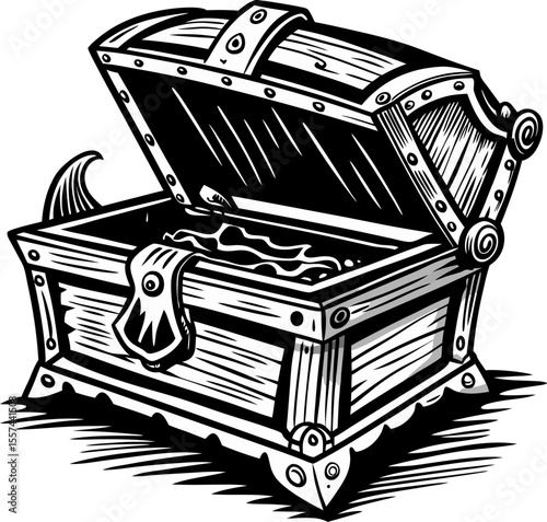 Intricately detailed illustration of an open wooden treasure chest with antique design