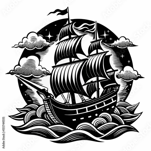 Vintage Pirate Ship Illustration in Black and White with Ocean Waves and Clouds