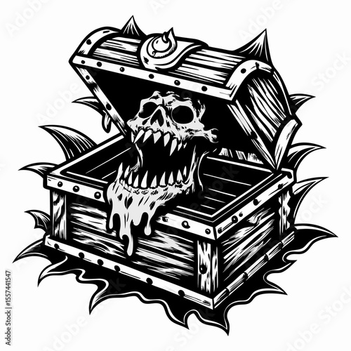 Creepy Skull Emerging from Spiked Treasure Chest in Gothic Black and White Art