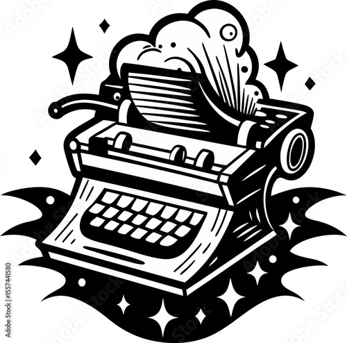 Retro typewriter spewing creativity surrounded by stars in a magical black and white design