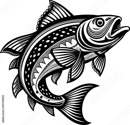 Stylized fish illustration in monochrome with intricate details and patterns