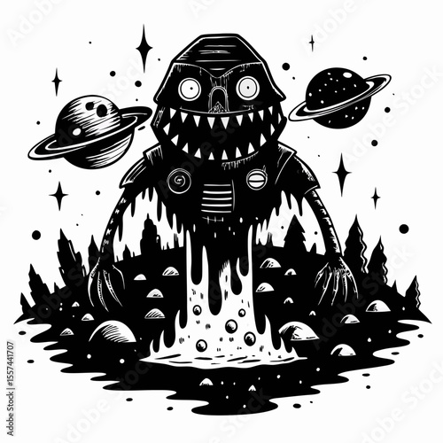Alien Monster in Space with Planets and Stars   Black and White Illustration