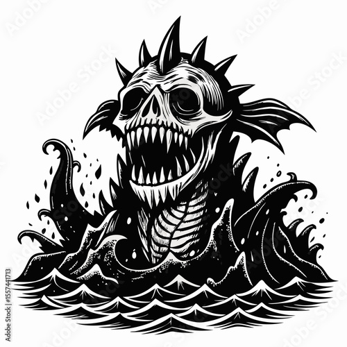 Monstrous Sea Creature Emerging from Turbulent Waves in Black and White Illustration