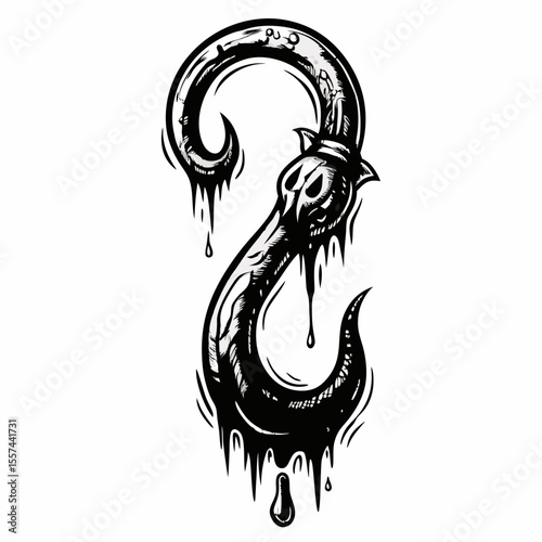 Dripping Gothic Hook with Skull Design in Black and White Illustration