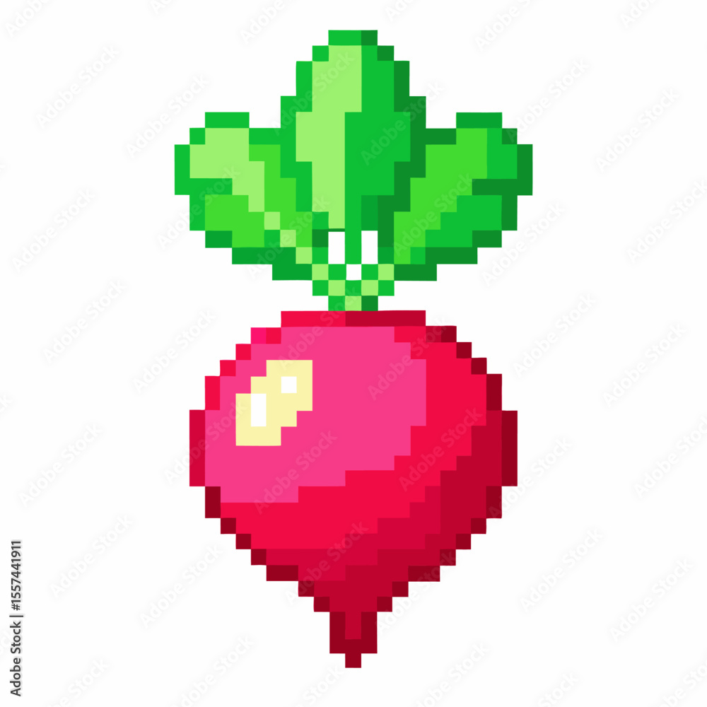 Obraz premium Pixel Art Radish with Leaves Retro 8 Bit Vegetable Icon for Gaming and Digital Art