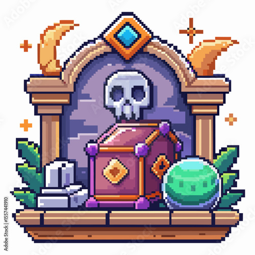Retro Pixel Art Skull and Treasure Chest with Decorative Elements