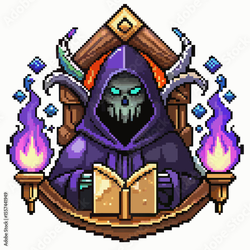 Pixel Art Hooded Skeleton Reading a Book with Magical Flames and Dark Background
