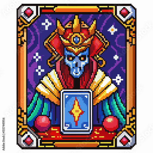 Pixel Art Fantasy Wizard Holding a Magic Card in Vibrant Colors