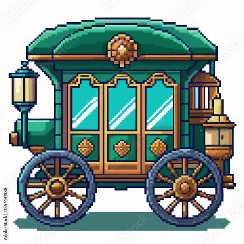 Vintage Pixel Art Carriage with Ornate Details in Retro Gaming Style