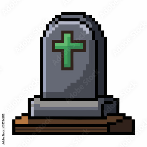 Pixel Art Tombstone with Green Cross on Wooden Base
