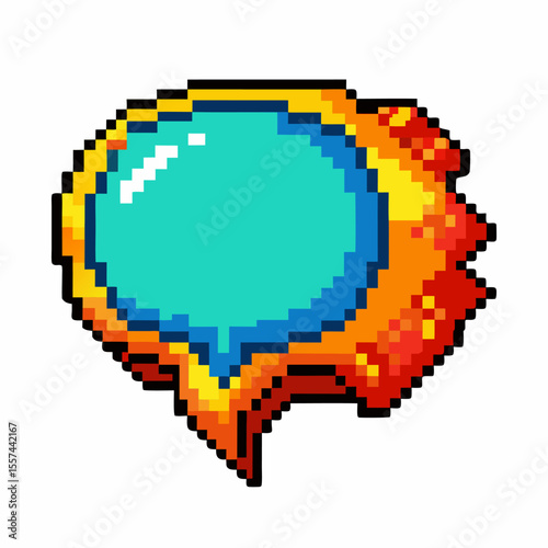 Pixel Art Speech Bubble Icon with Multicolor Border in Retro 8 bit Style