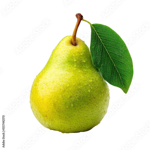 Fresh green pear with leaf and water droplets isolated on transparent background