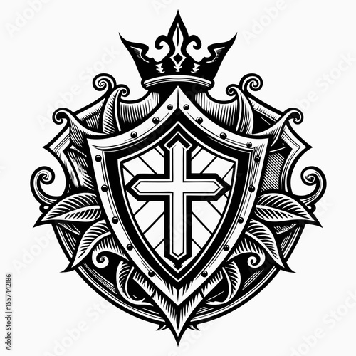 Ornate Shield Emblem with Crown and Cross   Vintage Heraldry Design