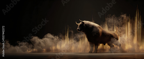 Stock market bull trading up, bullish. Symbolizing rising stock market, uptrend. Abstract, modern concept of wall street business, bull market trader, crypto currency trading.