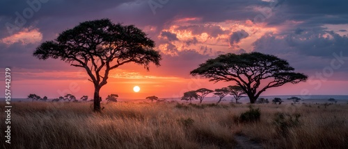 Two trees are in the foreground of a field