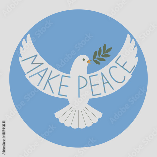 A white dove with outstretched wings and an olive branch in its beak symbolizing peace with the words make peace written across its wings against a light blue circular background