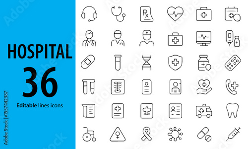 Hospital Line Icons, Building, Patient Bed, Emergency, Medical File, IV Drip, Nurse, Reception Desk, and More , Editable Formats: AI, EPS, JPG, PNG , Ideal for Both Digital and Print Use

