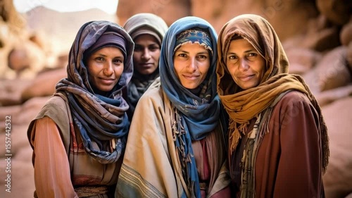 Portrait of four Middle Eastern women smiling wearing traditional scarves in desert environment