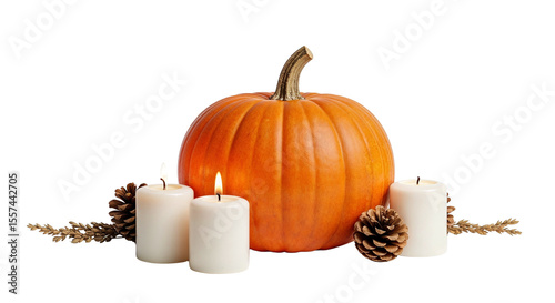 Pumpkin with candles and pine cones for autumn decorations  