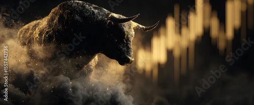 Stock market bull trading up, bullish. Symbolizing rising stock market, uptrend. Abstract, modern concept of wall street business, bull market trader, crypto currency trading.