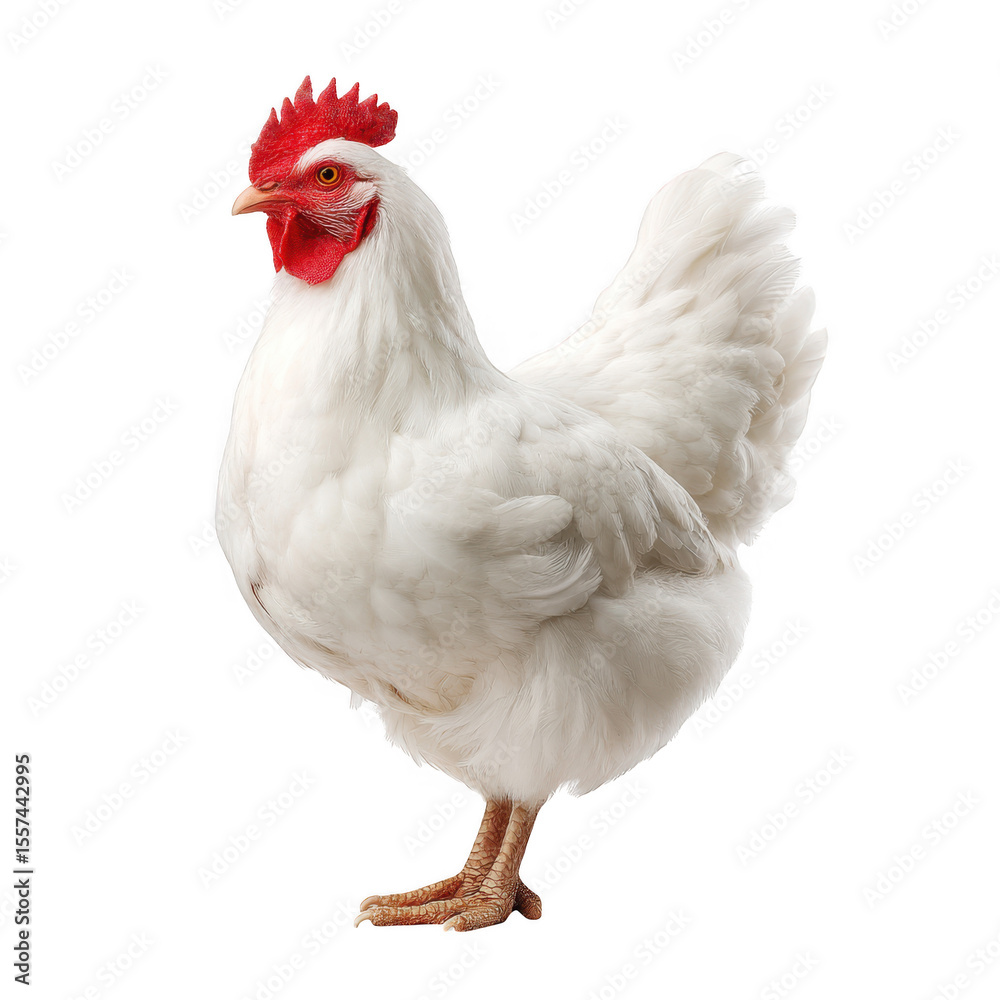 Fototapeta premium Full body shot of a white hen standing sideways isolated on transparent background