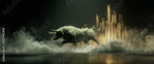 Stock market bull trading up, bullish. Symbolizing rising stock market, uptrend. Green colored. Abstract, modern concept of wall street business, bull market trader, crypto currency trading.