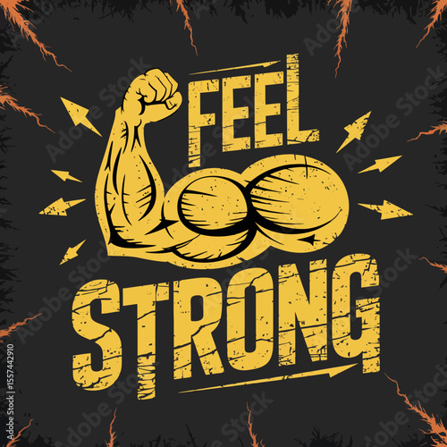 Feel strong motivational graphic featuring a flexing bicep and bold text for fitness and workout inspiration