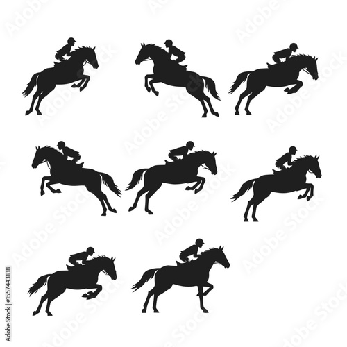 Set silhouette of horse and jockey on white background.