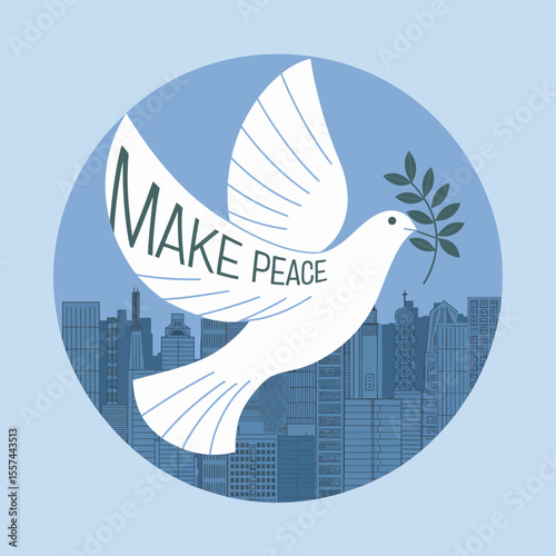 A white dove with the words make peace written on its wings flies over a city skyline holding an olive branch in its beak symbolizing hope and tranquility