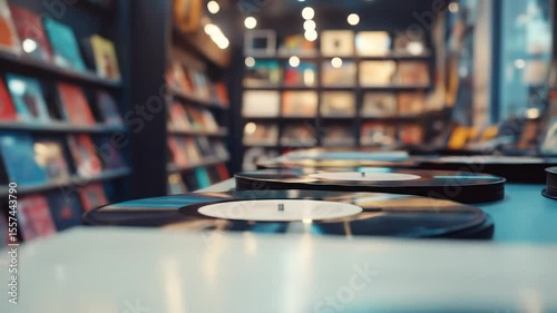Vinyl records stacked at a record store