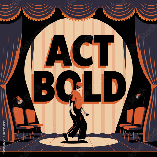 A performer on a stage under a spotlight with the words act bold behind them surrounded by curtains and empty seats evoking a sense of drama and encouragement