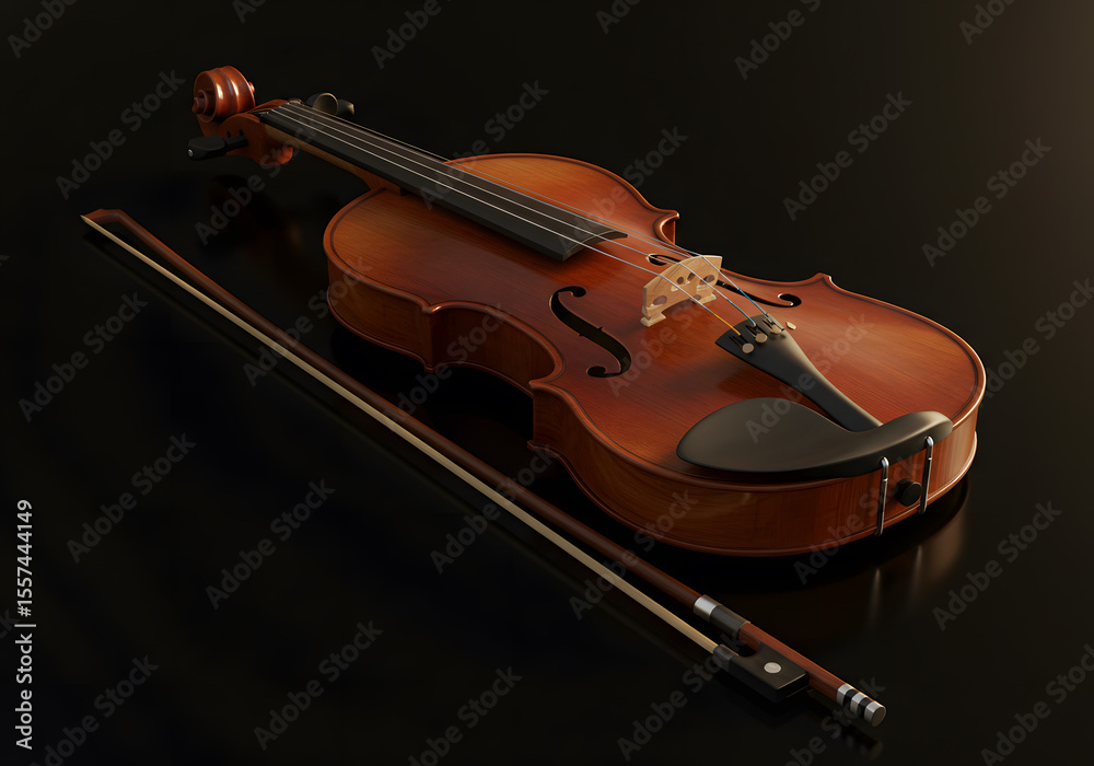 Fototapeta premium Violin and bow on dark surface